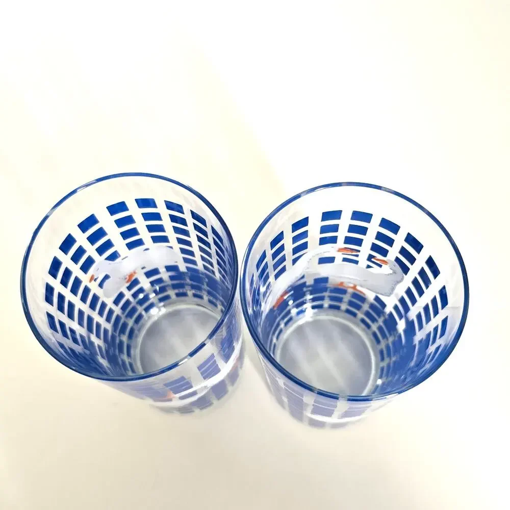 Vintage 80s Carlton White Geese Drinking Glassed Country Blue Checker Farmhouse